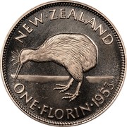 New Zealand One Florin Elizabeth II (1st portrait) 1953 Proof KM# 28.1 NEW∙ZEALAND ONE∙FLORIN∙*YEAR* KG coin reverse