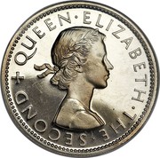 New Zealand One Florin Elizabeth II (1st portrait) 1965 Proof KM# 28.2 + QUEEN∙ELIZABETH∙THE∙SECOND coin obverse New Zealand One Florin Elizabeth II (1st portrait) 1965 Proof KM# 28.2 + QUEEN∙ELIZABETH∙THE∙SECOND coin obverse