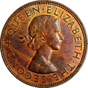New Zealand One Penny Elizabeth II (1st portrait) 1959 KM# 24.2 + QUEEN∙ELIZABETH∙THE∙SECOND coin obverse New Zealand One Penny Elizabeth II (1st portrait) 1959 KM# 24.2 + QUEEN∙ELIZABETH∙THE∙SECOND coin obverse