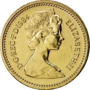 UK One Pound Scottish Thistle 1984 Proof KM# 934 D∙G∙REG∙F∙D∙1984 ELIZABETH∙II coin obverse UK One Pound Scottish Thistle 1984 Proof KM# 934 D∙G∙REG∙F∙D∙1984 ELIZABETH∙II coin obverse