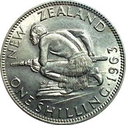 New Zealand One Shilling Elizabeth II 1963 Proof KM# 27.2 NEW ZEALAND ONE SHILLING∙*YEAR* KG coin reverse