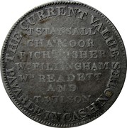 UK One Shilling Nottingham - Newark / Town Hall 1811  THE CURRENT VALUE ∙ PAYABLE IN CASH NOTES T STANSALL CHAS MOOR RICHD FISHER WM FILLINGHAM WM READETT AND T. WILSON coin reverse UK One Shilling Nottingham - Newark / Town Hall 1811  THE CURRENT VALUE ∙ PAYABLE IN CASH NOTES T STANSALL CHAS MOOR RICHD FISHER WM FILLINGHAM WM READETT AND T. WILSON coin reverse