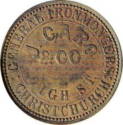 New Zealand Penny Caro J. and Co. - Christchurch (1860-1864) KM# Tn11 GENERAL IRONMONGERS J. CARO & CO. HIGH STREET CHRISTCHURCH coin obverse New Zealand Penny Caro J. and Co. - Christchurch (1860-1864) KM# Tn11 GENERAL IRONMONGERS J. CARO & CO. HIGH STREET CHRISTCHURCH coin obverse