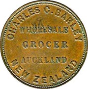 New Zealand Penny Charles C. Barley 1858 KM# Tn7 CHARLES C. BARLEY WHOLESALE GROCER AUCKLAND NEW ZEALAND coin obverse New Zealand Penny Charles C. Barley 1858 KM# Tn7 CHARLES C. BARLEY WHOLESALE GROCER AUCKLAND NEW ZEALAND coin obverse