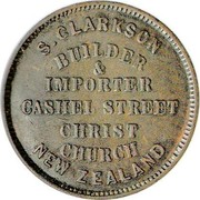 New Zealand Penny Clarkson S. - Christchurch 1875 KM# Tn13 S. CLARKSON BUILDER & IMPORTER CASHEL STREET CHRIST CHURCH NEW ZEALAND coin obverse New Zealand Penny Clarkson S. - Christchurch 1875 KM# Tn13 S. CLARKSON BUILDER & IMPORTER CASHEL STREET CHRIST CHURCH NEW ZEALAND coin obverse