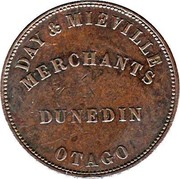 New Zealand Penny Day & Mieville / Dunedin 1857 KM# Tn16 DAY & MIEVILLE MERCHANTS DUNEDIN OTAGO coin reverse New Zealand Penny Day & Mieville / Dunedin 1857 KM# Tn16 DAY & MIEVILLE MERCHANTS DUNEDIN OTAGO coin reverse