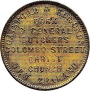 New Zealand Penny Gaisford & Edmonds (Christchurch) 1875 KM# Tn20 GAISFORD & EDMONDS PORK & GENERAL BUTCHERS COLOMBO STREET CHRIST CHURCH NEW ZEALAND coin reverse New Zealand Penny Gaisford & Edmonds (Christchurch) 1875 KM# Tn20 GAISFORD & EDMONDS PORK & GENERAL BUTCHERS COLOMBO STREET CHRIST CHURCH NEW ZEALAND coin reverse