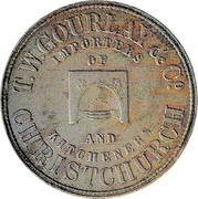New Zealand Penny Gourlay T. W. & Co. (Christchurch) (1860-1869) KM# Tn23 T. W. GOURLAY & CO. IMPORTERS OF AND KITCHENERS CHRISTCHURCH coin obverse
