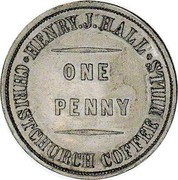New Zealand Penny Henry Hall - Christchurch (1857) KM# Tn30 HENRY J. HALL ONE PENNY CHRISTCHURCH COFFEE MILLS coin obverse New Zealand Penny Henry Hall - Christchurch (1857) KM# Tn30 HENRY J. HALL ONE PENNY CHRISTCHURCH COFFEE MILLS coin obverse