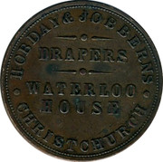 New Zealand Penny Hobday & Jobberns / Christchurch (1874-1875) KM# Tn31 HOBDAY AND JOBBERNS DRAPERS WATERLOO HOUSE CHRISTCHURCH coin obverse