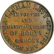 New Zealand Penny Levy Lipman - Wellington (1860-1869) KM# Tn39.1 LIPMAN LEVY WELLINGTON NEW ZEALAND IMPORTER AND MANUFACTURER OF BOOTS & SHOES coin obverse New Zealand Penny Levy Lipman - Wellington (1860-1869) KM# Tn39.1 LIPMAN LEVY WELLINGTON NEW ZEALAND IMPORTER AND MANUFACTURER OF BOOTS & SHOES coin obverse