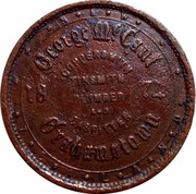 New Zealand Penny McCaul George (Grahamstown) (1875)1874 KM# Tn44 ∙ ∙ N ∙ E ∙ W ∙ ∙ GEORGE MCCAUL COPPERSMITH 18 TINSMITH 74 PLUMBER AND GASFITTER GRAHAMSTOWN ∙ ∙ Z ∙ E ∙ A ∙ L ∙ A ∙ N ∙ D ∙ ∙ coin reverse