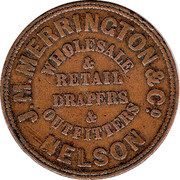 New Zealand Penny Merrington J.M. & Co. Nelson (1865-1868) KM# Tn46 J.M.MERRINGTON & CO. WHOLESALE & RETAIL DRAPERS & OUTFITTERS NELSON coin reverse New Zealand Penny Merrington J.M. & Co. Nelson (1865-1868) KM# Tn46 J.M.MERRINGTON & CO. WHOLESALE & RETAIL DRAPERS & OUTFITTERS NELSON coin reverse