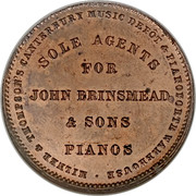 New Zealand Penny Milner & Thompson / Christchurch 1857 KM# Tn54 MILNER & THOMSON'S CANTERBURY MUSIC DEPOT & PIANOFORTE WAREHOUSE SOLE AGENTS FOR JOHN BRINSMEAD & SONS PIANOS coin reverse New Zealand Penny Milner & Thompson / Christchurch 1857 KM# Tn54 MILNER & THOMSON'S CANTERBURY MUSIC DEPOT & PIANOFORTE WAREHOUSE SOLE AGENTS FOR JOHN BRINSMEAD & SONS PIANOS coin reverse