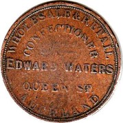 New Zealand Penny Waters Edward (Auckland) 1873 KM# Tn70.1 ONE PENNY TOKEN coin obverse New Zealand Penny Waters Edward (Auckland) 1873 KM# Tn70.1 ONE PENNY TOKEN coin obverse