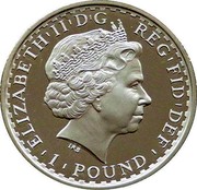 UK Pound Britannia 2008 British Royal Mint Proof KM# 1097 ELIZABETH'II'D'G REG'FID'DEF '1'POUND' IRB coin obverse