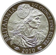 UK Pound Britannia 2010 Proof KM# 1133 BRITANNIA 1/2 OUNCE FINE SILVER 2010 coin reverse UK Pound Britannia 2010 Proof KM# 1133 BRITANNIA 1/2 OUNCE FINE SILVER 2010 coin reverse