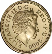 UK Pound Dragon of Wales 2000 Proof KM# 1005 ELIZABETH∙II∙D∙G REG∙F∙D∙2000 IRB coin obverse UK Pound Dragon of Wales 2000 Proof KM# 1005 ELIZABETH∙II∙D∙G REG∙F∙D∙2000 IRB coin obverse