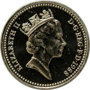 UK Pound Royal Shield 1988 KM# 954 ELIZABETH II D∙G∙REG∙F∙D∙1988 RDM coin obverse