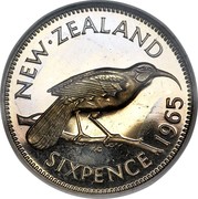 New Zealand Sixpence Elizabeth II (1st portrait) 1965 Proof KM# 26.2 NEW∙ZEALAND SIXPENCE *YEAR* K∙G coin reverse New Zealand Sixpence Elizabeth II (1st portrait) 1965 Proof KM# 26.2 NEW∙ZEALAND SIXPENCE *YEAR* K∙G coin reverse