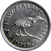 New Zealand Sixpence George VI 1939 KM# 8 NEW∙ZEALAND SIXPENCE *YEAR* K∙G coin reverse New Zealand Sixpence George VI 1939 KM# 8 NEW∙ZEALAND SIXPENCE *YEAR* K∙G coin reverse