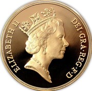 UK Sovereign Elizabeth II (3rd portrait) 1991 Proof KM# 943 ELIZABETH II DEI∙GRA∙REG∙F∙D RDM coin obverse UK Sovereign Elizabeth II (3rd portrait) 1991 Proof KM# 943 ELIZABETH II DEI∙GRA∙REG∙F∙D RDM coin obverse
