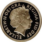 UK Sovereign Queen Elizabeth II 2005 KM# 1065 ELIZABETH∙II∙DEI∙GRA REGINA∙FID∙DEF IRB coin obverse UK Sovereign Queen Elizabeth II 2005 KM# 1065 ELIZABETH∙II∙DEI∙GRA REGINA∙FID∙DEF IRB coin obverse