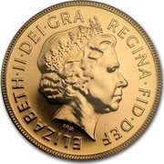 UK Sovereign Queen Elizabeth II, Golden Jubilee 2002 Proof KM# 1026 ELIZABETH∙II∙DEI∙GRA REGINA∙FID∙DEF IRB coin obverse UK Sovereign Queen Elizabeth II, Golden Jubilee 2002 Proof KM# 1026 ELIZABETH∙II∙DEI∙GRA REGINA∙FID∙DEF IRB coin obverse
