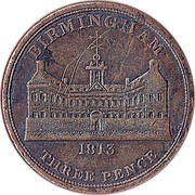 UK Three Pence Birmingham - Payable At The Workhouse 1813 BIRMINGHAM 1813 THREE PENCE coin obverse UK Three Pence Birmingham - Payable At The Workhouse 1813 BIRMINGHAM 1813 THREE PENCE coin obverse