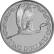 New Zealand Two Dollars (White heron) KM# 121b TWO DOLLARS coin reverse New Zealand Two Dollars (White heron) KM# 121b TWO DOLLARS coin reverse
