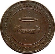 UK Two Penny Norwich - Robert Blake ND (1811-1815)  ROBT. BLAKE ∙ COTTON & BOMBAZINE MANUFACTURER ∙ NORWICH coin obverse UK Two Penny Norwich - Robert Blake ND (1811-1815)  ROBT. BLAKE ∙ COTTON & BOMBAZINE MANUFACTURER ∙ NORWICH coin obverse