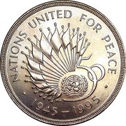 UK Two Pounds 50th Anniversary of the United Nations 1995 KM# 971 NATIONS UNITED FOR PEACE 1945 - 1995 50 MR coin reverse UK Two Pounds 50th Anniversary of the United Nations 1995 KM# 971 NATIONS UNITED FOR PEACE 1945 - 1995 50 MR coin reverse