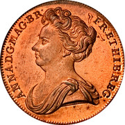 UK 1/2 Penny Anne Pattern ND (1707) KM# PnA34 ANNA∙D:G∙MAG:BR: FR:ET∙HIB:REG: coin obverse UK 1/2 Penny Anne Pattern ND (1707) KM# PnA34 ANNA∙D:G∙MAG:BR: FR:ET∙HIB:REG: coin obverse