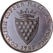 UK 1/2 Penny Cornwall - County 1791  CORNISH COPPER HALF AN OUNCE 1791 coin reverse UK 1/2 Penny Cornwall - County 1791  CORNISH COPPER HALF AN OUNCE 1791 coin reverse