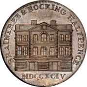 UK 1/2 Penny (Essex - Braintree / W. Goldsmith) BRAINTREE & BOCKING HALFPENCE MDCCXCIV coin obverse UK 1/2 Penny (Essex - Braintree / W. Goldsmith) BRAINTREE & BOCKING HALFPENCE MDCCXCIV coin obverse
