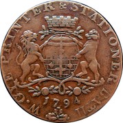 UK 1/2 Penny Somerset - Bath / W. Gye 1794  W. GYE PRINTER & STATIONER BATH 1794 coin obverse