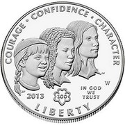 USA $1 Girl Scouts of the USA 2013 W KM# 552 COURAGE CONFIDENCE CHARACTER LIBERTY IN GOD WE TRUST 100 coin obverse USA $1 Girl Scouts of the USA 2013 W KM# 552 COURAGE CONFIDENCE CHARACTER LIBERTY IN GOD WE TRUST 100 coin obverse
