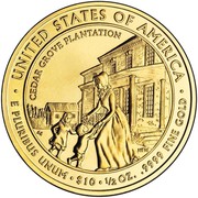 USA $10 Letitia Tyler 2009 W KM# 457 ∙ UNITED STATES OF AMERICA ∙ E PLURIBUS UNUM ∙ $10 ∙ 1/2 OZ. .9999 FINE GOLD CEDAR GROVE PLANTATION coin reverse USA $10 Letitia Tyler 2009 W KM# 457 ∙ UNITED STATES OF AMERICA ∙ E PLURIBUS UNUM ∙ $10 ∙ 1/2 OZ. .9999 FINE GOLD CEDAR GROVE PLANTATION coin reverse
