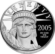 USA $100 American Eagle 2005 W Proof KM# 380 LIBERTY 2005 JM IN GOD WE TRUST E PLURIBUS UNUM coin obverse USA $100 American Eagle 2005 W Proof KM# 380 LIBERTY 2005 JM IN GOD WE TRUST E PLURIBUS UNUM coin obverse