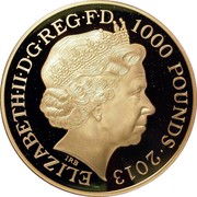 UK 1000 Pounds 60th Anniversary of Coronation 2013 Proof ELIZABETH II D G REG F D 1000 POUNDS 2013 IRB coin obverse