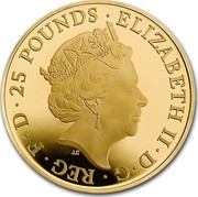 UK 25 Pounds 400th Anniversary of William Shakespeare's death 2016 Proof 25 POUNDS ELIZABETH II D G REG D F J.C coin obverse UK 25 Pounds 400th Anniversary of William Shakespeare's death 2016 Proof 25 POUNDS ELIZABETH II D G REG D F J.C coin obverse