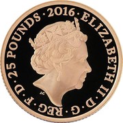 UK 25 Pounds Peter Rabbit 2016 Proof 25 POUNDS 2016 ELIZABETH II D G REG F D J.C coin obverse UK 25 Pounds Peter Rabbit 2016 Proof 25 POUNDS 2016 ELIZABETH II D G REG F D J.C coin obverse