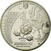 Ukraine 5 Hryven UEFA Euro 2012 Final Tournament 2011 KM# 647 НАЦІОНАЛЬНИЙ БАНК УКРАЇНИ 5 ГРИВЕНЬ 2011 UEFA EURO2012™ POLAND-UKRAINE coin obverse Ukraine 5 Hryven UEFA Euro 2012 Final Tournament 2011 KM# 647 НАЦІОНАЛЬНИЙ БАНК УКРАЇНИ 5 ГРИВЕНЬ 2011 UEFA EURO2012™ POLAND-UKRAINE coin obverse