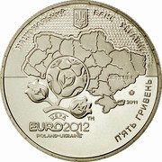 Ukraine 5 Hryven UEFA Euro 2012 Final Tournament Donetsk City 2011 KM# 651 НАЦІОНАЛЬНИЙ БАНК УКРАЇНИ 2011 П'ЯТЬ ГРИВЕНЬ UEFA EURO2012™ POLAND-UKRAINE coin obverse Ukraine 5 Hryven UEFA Euro 2012 Final Tournament Donetsk City 2011 KM# 651 НАЦІОНАЛЬНИЙ БАНК УКРАЇНИ 2011 П'ЯТЬ ГРИВЕНЬ UEFA EURO2012™ POLAND-UKRAINE coin obverse