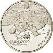 Ukraine 5 Hryven UEFA Euro 2012 Final Tournament Kharkiv City 2011 KM# 650 НАЦІОНАЛЬНИЙ БАНК УКРАЇНИ 2011 П'ЯТЬ ГРИВЕНЬ UEFA EURO2012™ POLAND-UKRAINE coin obverse Ukraine 5 Hryven UEFA Euro 2012 Final Tournament Kharkiv City 2011 KM# 650 НАЦІОНАЛЬНИЙ БАНК УКРАЇНИ 2011 П'ЯТЬ ГРИВЕНЬ UEFA EURO2012™ POLAND-UKRAINE coin obverse