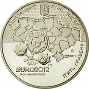 Ukraine 5 Hryven UEFA Euro 2012 Final Tournament Kyiv City 2011 KM# 648 НАЦІОНАЛЬНИЙ БАНК УКРАЇНИ 2011 П'ЯТЬ ГРИВЕНЬ UEFA EURO2012™ POLAND-UKRAINE coin obverse Ukraine 5 Hryven UEFA Euro 2012 Final Tournament Kyiv City 2011 KM# 648 НАЦІОНАЛЬНИЙ БАНК УКРАЇНИ 2011 П'ЯТЬ ГРИВЕНЬ UEFA EURO2012™ POLAND-UKRAINE coin obverse