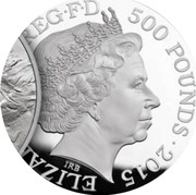 UK 500 Pounds 50th Anniversary of the Death of Sir Winston Churchill 2015 Proof KM# 1360 ELIZABETH II D G REG F D 500 POUNDS 2015 IRB coin obverse UK 500 Pounds 50th Anniversary of the Death of Sir Winston Churchill 2015 Proof KM# 1360 ELIZABETH II D G REG F D 500 POUNDS 2015 IRB coin obverse
