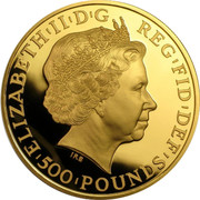 UK 500 Pounds Britannia 2013 Proof KM# 1274 REG ' FID ' DEF ' 500 ' POUNDS ' ELIZABETH ' II ' D ' G IRB coin obverse UK 500 Pounds Britannia 2013 Proof KM# 1274 REG ' FID ' DEF ' 500 ' POUNDS ' ELIZABETH ' II ' D ' G IRB coin obverse
