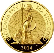 UK 500 Pounds Britannia 2014 Proof KM# 1330 BRITANNIA 999.9 5 OZ FINE GOLD 2014 J.C coin reverse