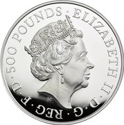 UK 500 Pounds Queen Elizabeth II Sapphire Jubilee 2017 ELIZABETH II D G REG F D 500 POUNDS J.C coin obverse UK 500 Pounds Queen Elizabeth II Sapphire Jubilee 2017 ELIZABETH II D G REG F D 500 POUNDS J.C coin obverse